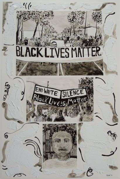 This is an India ink drawing picturing Black Lives Matter protests and a young black boy.